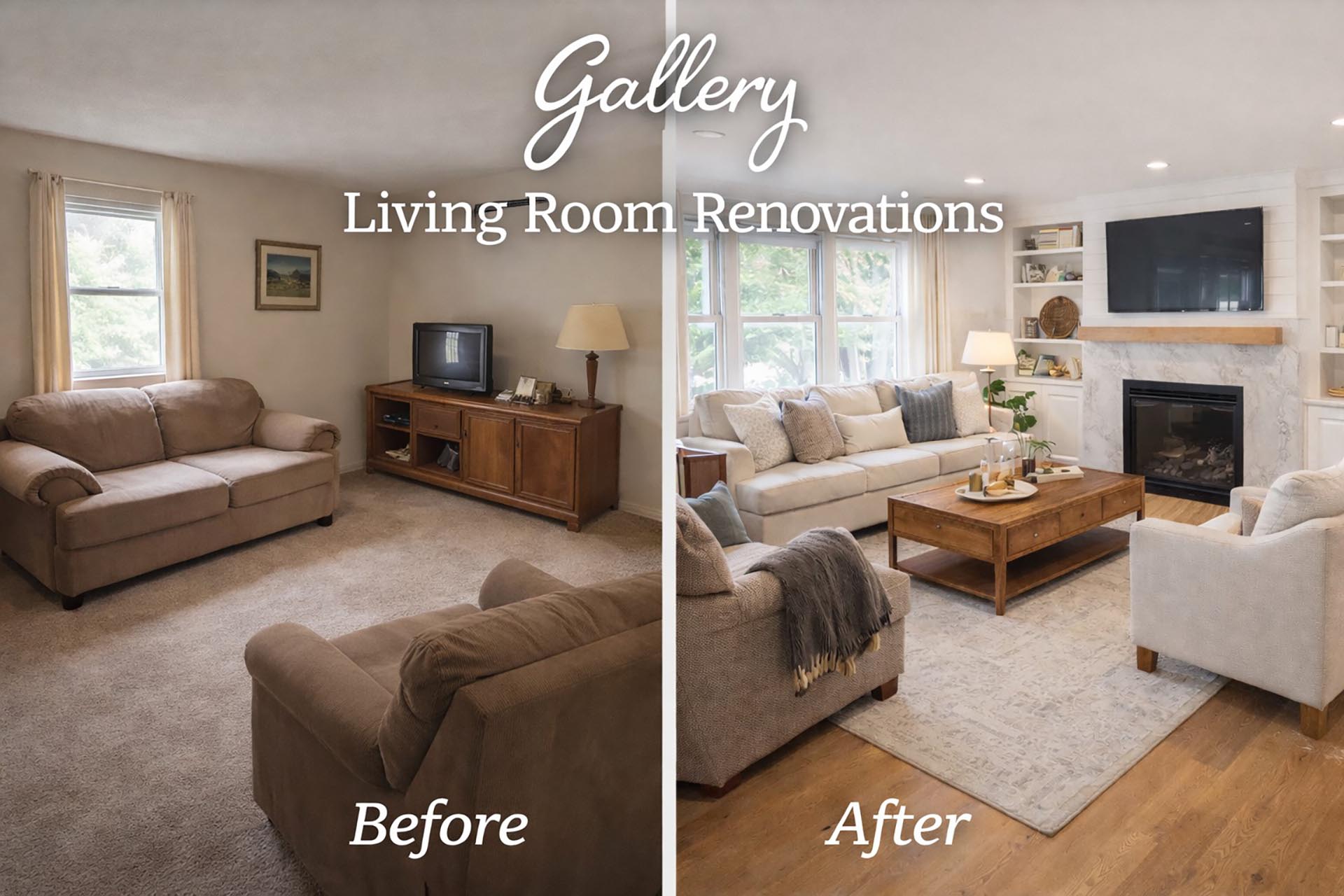 before and after living room renovation Canberra with modern bright interior design