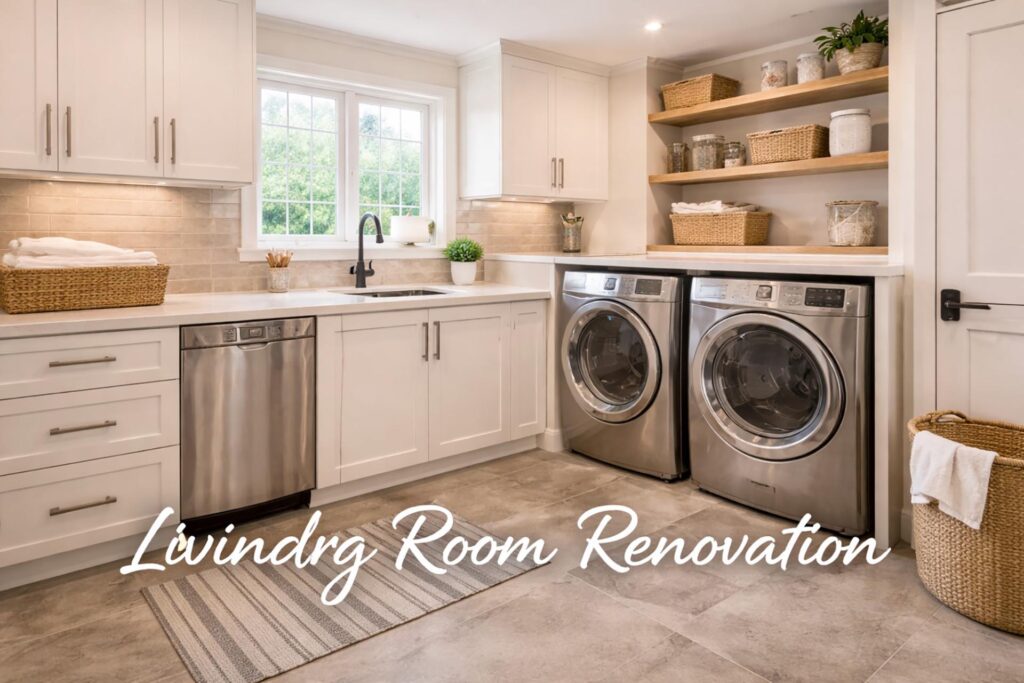 laundry renovation Canberra with modern sink washer dryer storage and shelving design