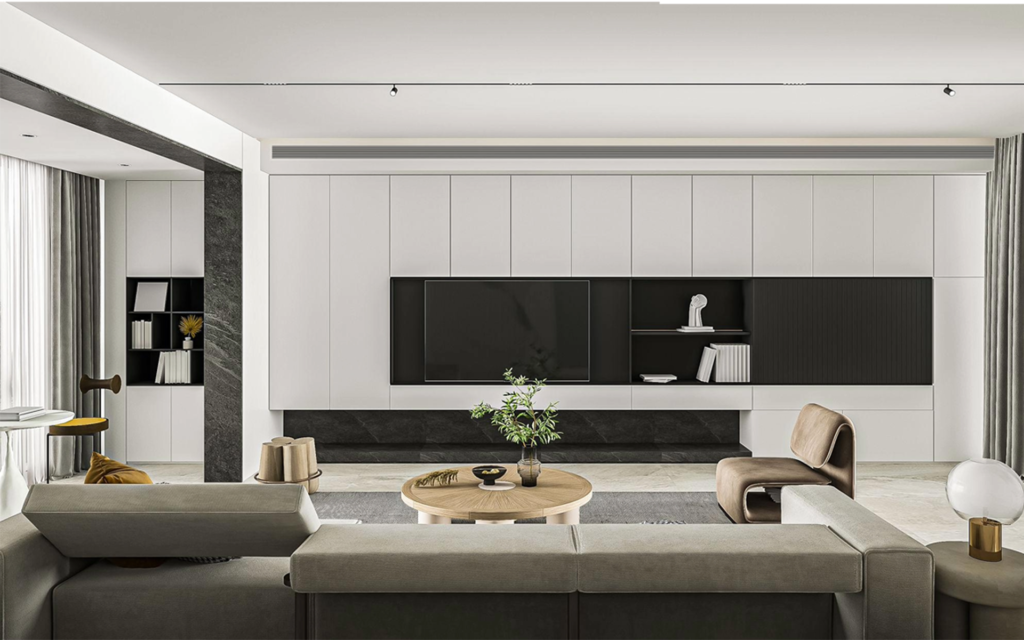 Modern luxury living room interior design with custom wall unit and neutral furniture